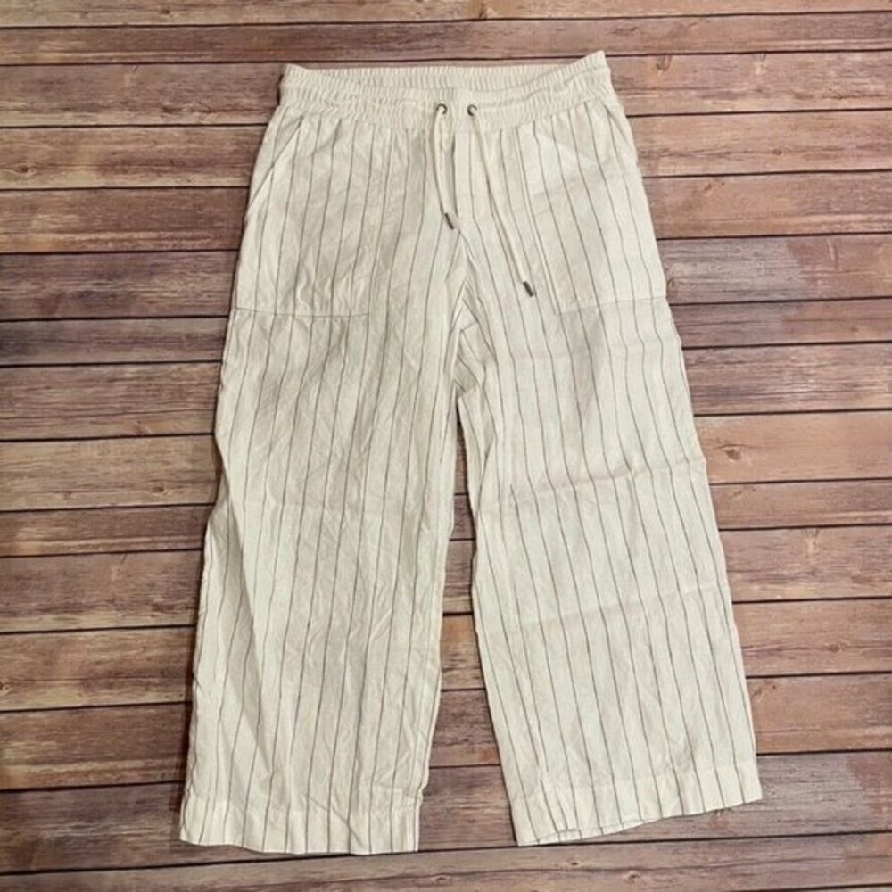 Athleta Striped Bali Linen Wide Leg Cropped Pants Drawstring Waist